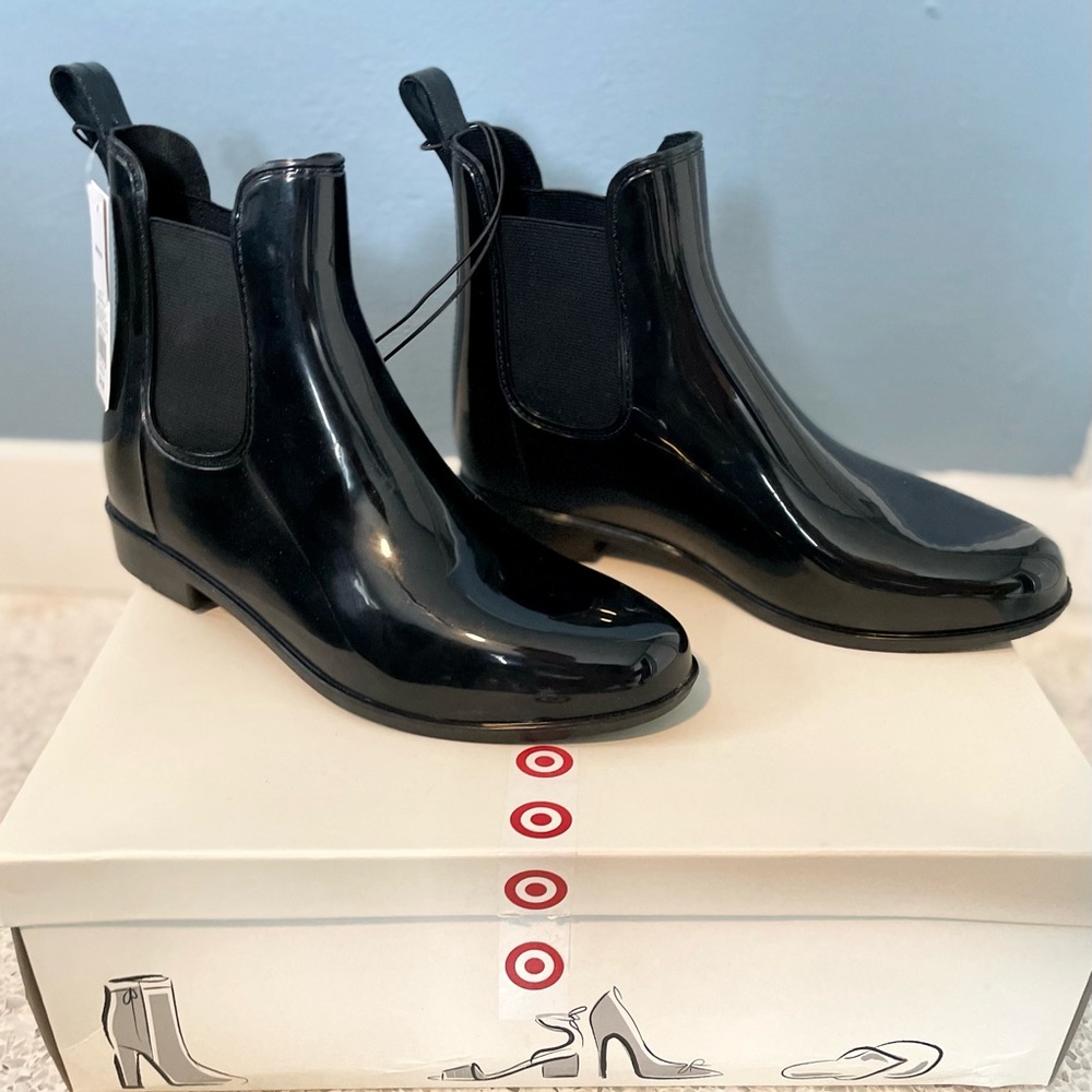 A New Day black patent ankle rain boots. NWTs